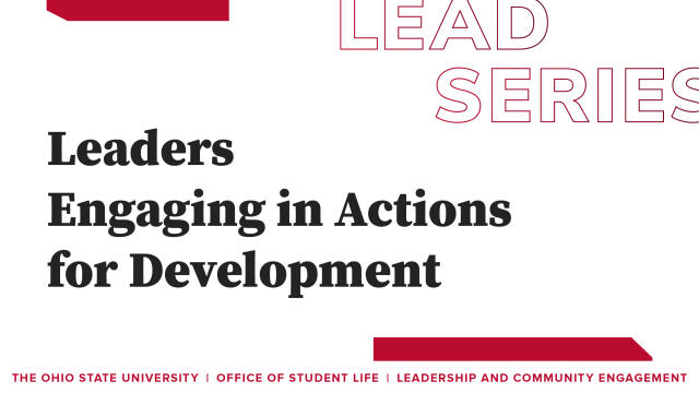 Red and white graphic describing the LEAD (Leaders Engaging in Actions for Development) Series