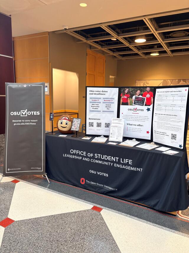 OSU Votes table set up with a trifold and other voting resources for students.