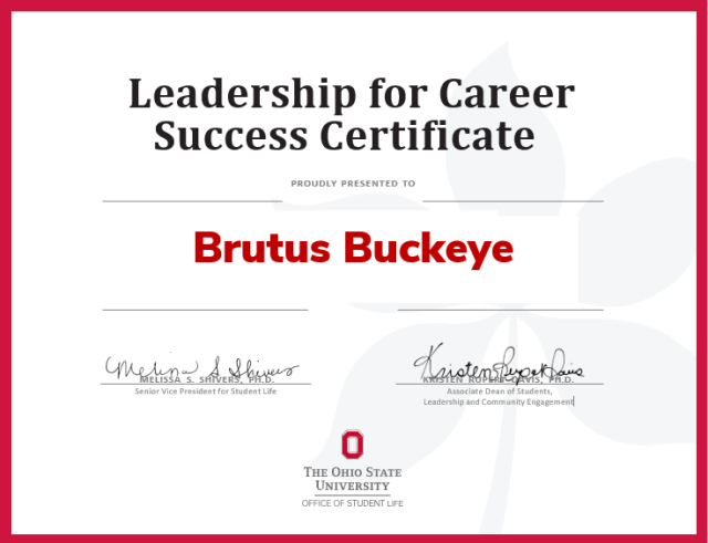 scarlet and white Leadership for Career Success Certificate awarded to Brutus Buckeye
