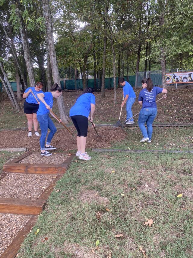 A group of five volunteer works to spread mulch for a new path at the Humane Association.